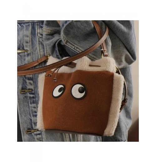 2023 Winter New Women Cute Plush Leather Bucket Bag Eyes Patchwork Shoulder Bag Ladies Brown Handbag Crossbody Bags Add To Wishlist